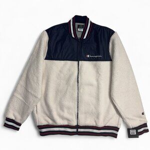 Men's Champion Sherpa Varsity Bomber Baseball Jacket Size L Large Cream Navy